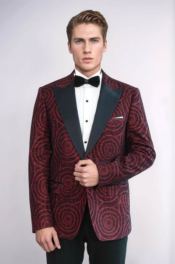 Hypnose Pattern Peak Lapel Slim Fit Burgundy Men Tuxedo  Blazer - Wessi