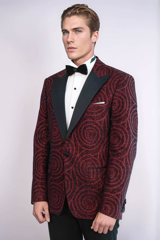 Hypnose Pattern Peak Lapel Slim Fit Burgundy Men Tuxedo  Blazer - Wessi