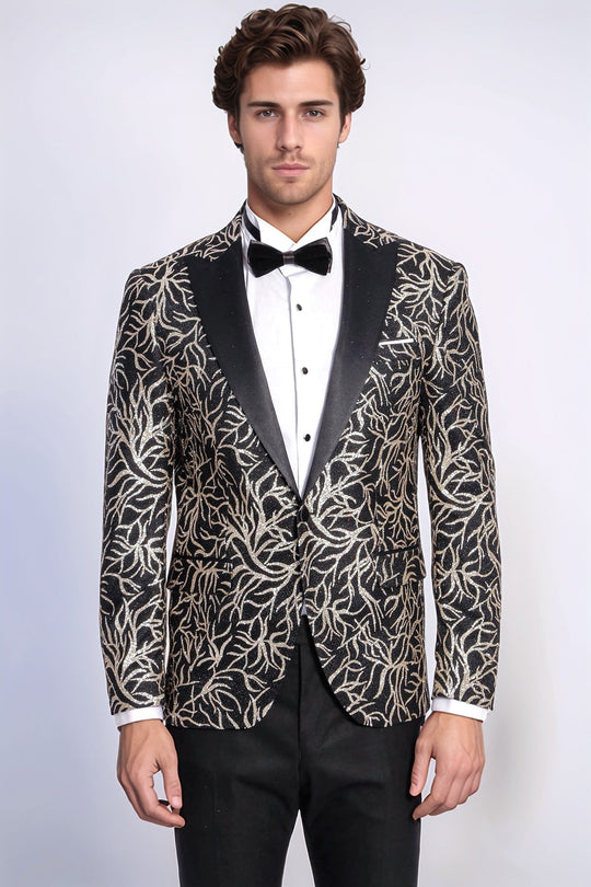 Blazer de graduación para hombre negro con estampado de hiedra brillante y corte slim - Wessi