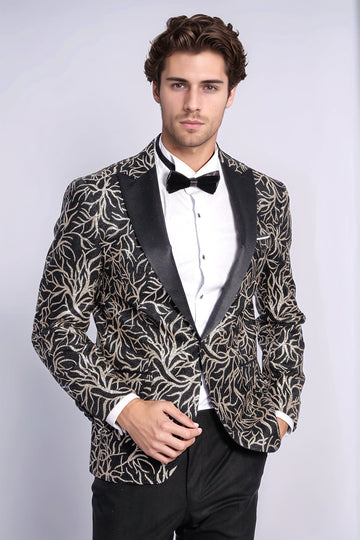 Blazer de graduación para hombre negro con estampado de hiedra brillante y corte slim - Wessi