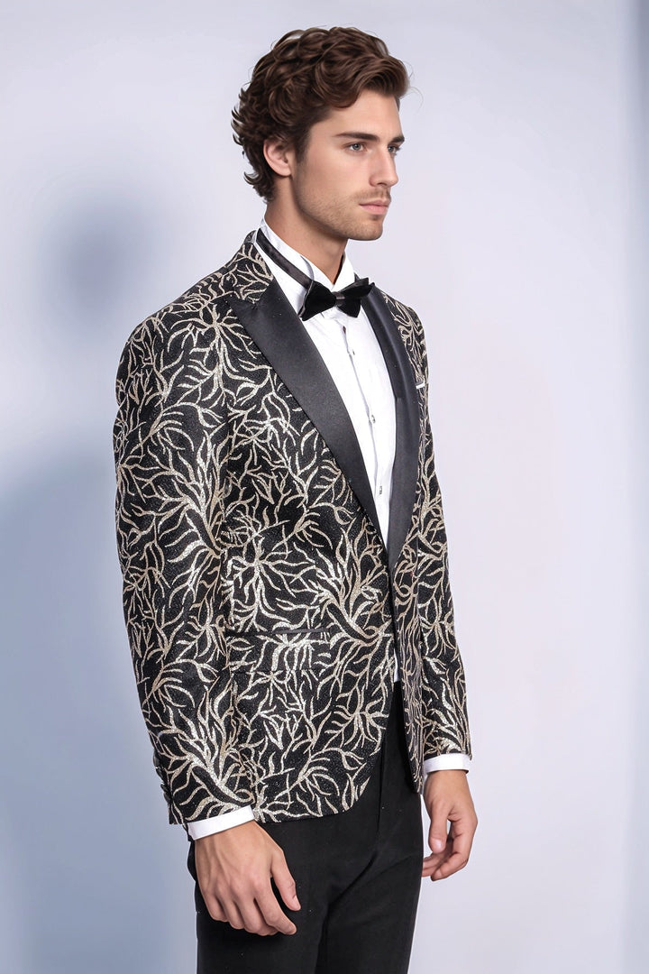 Sparkling Ivy Patterned Slim Fit Black Men Dinner Jacket - Wessi