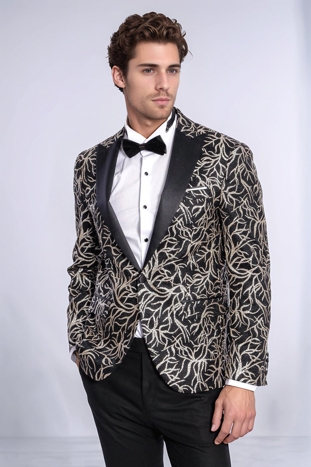 Sparkling Ivy Patterned Slim Fit Black Men Dinner Jacket - Wessi