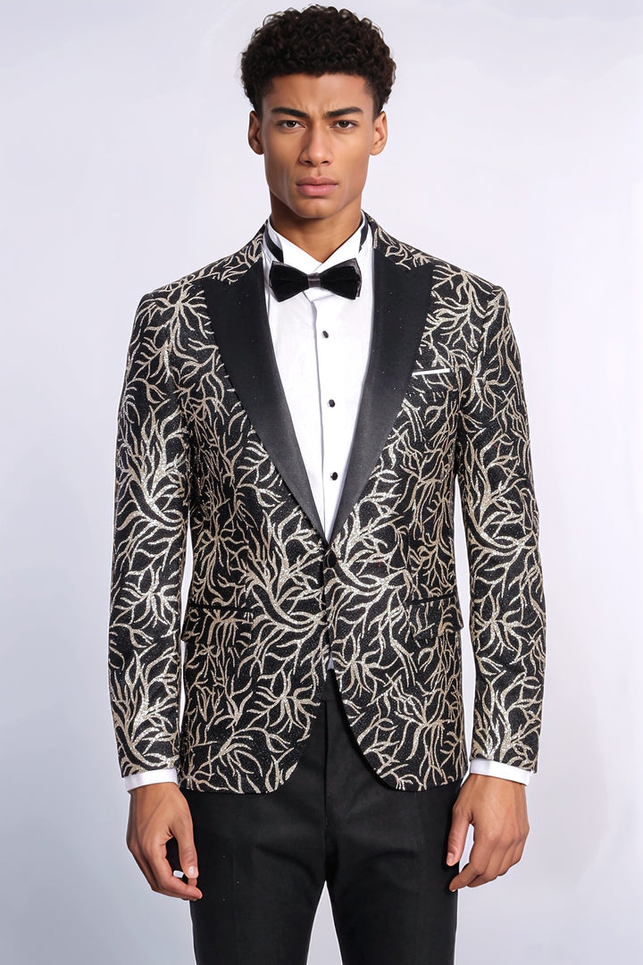 Sparkling Ivy Patterned Slim Fit Black Men Dinner Jacket - Wessi
