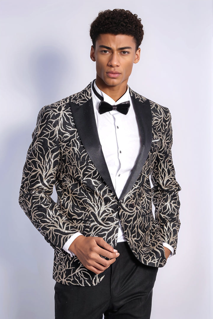 Sparkling Ivy Patterned Slim Fit Black Men Dinner Jacket - Wessi