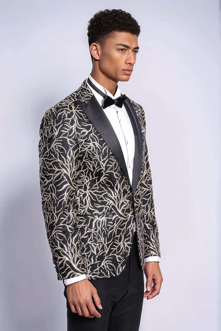 Sparkling Ivy Patterned Slim Fit Black Men Dinner Jacket - Wessi