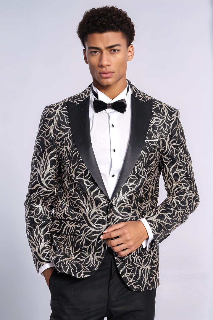 Sparkling Ivy Patterned Slim Fit Black Men Dinner Jacket - Wessi