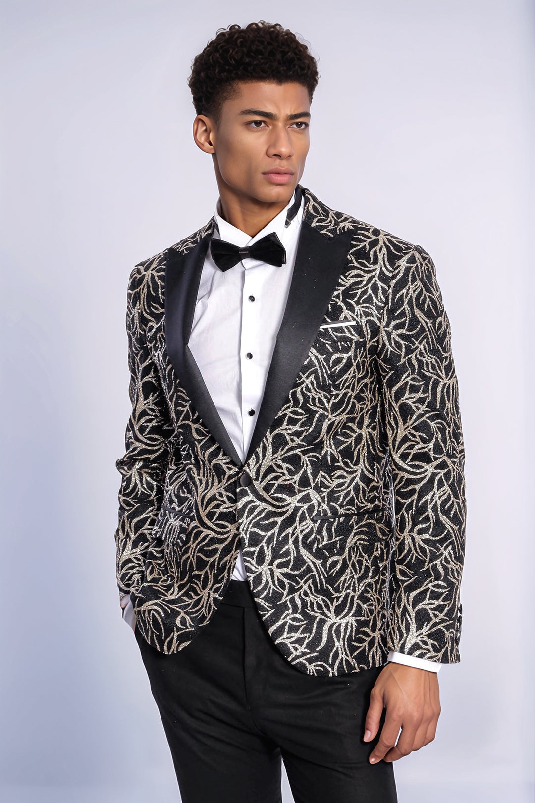Sparkling Ivy Patterned Slim Fit Black Men Dinner Jacket - Wessi