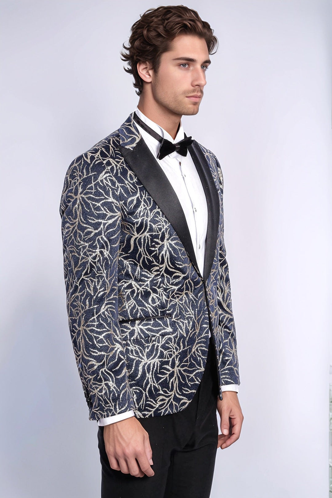 Sparkling Ivy Patterned Slim Fit Navy Blue Men Tuxedo Jacket - Wessi