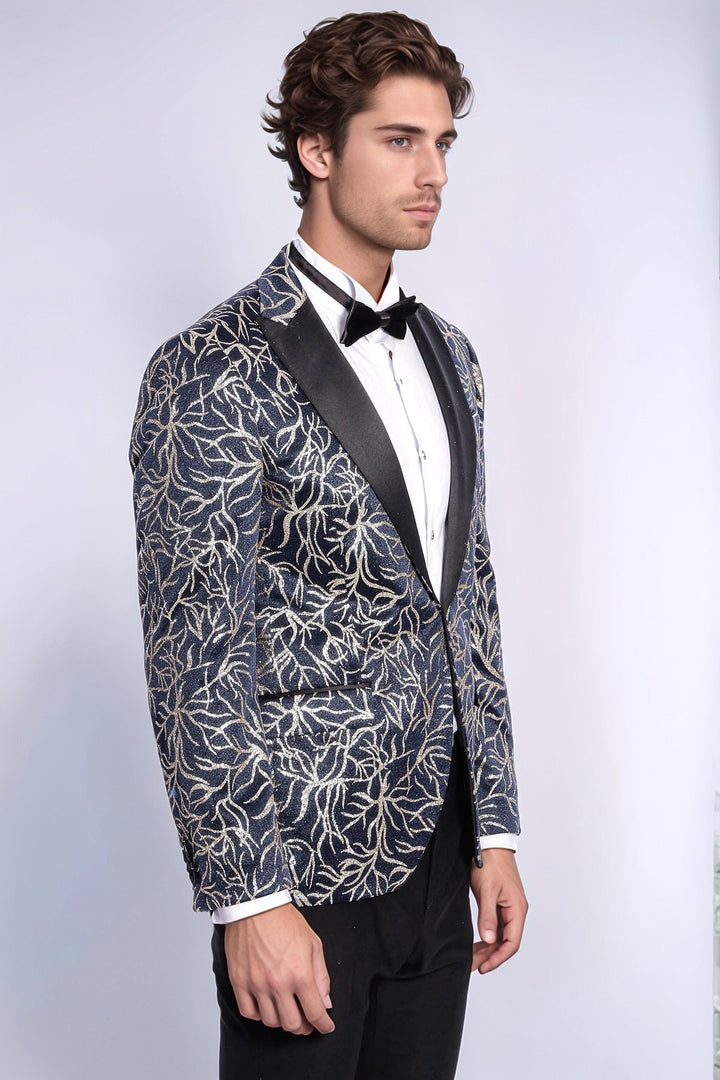 Sparkling Ivy Patterned Slim Fit Navy Blue Men Tuxedo Jacket - Wessi