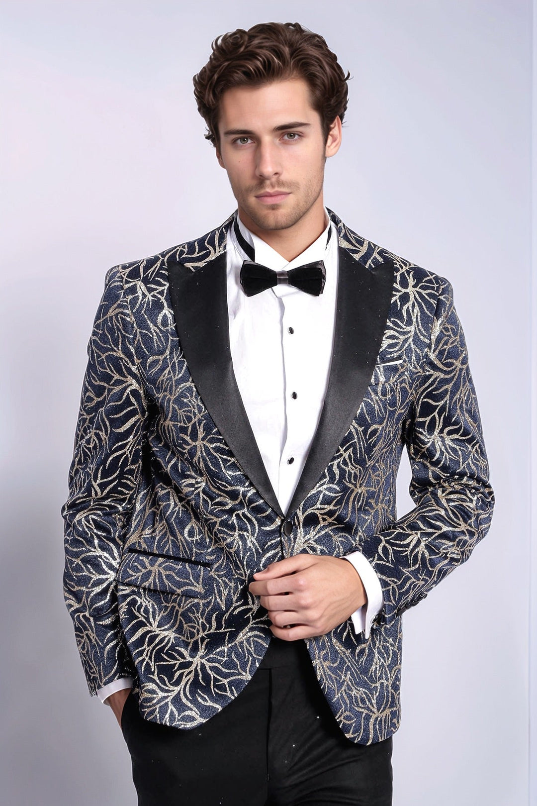 Sparkling Ivy Patterned Slim Fit Navy Blue Men Tuxedo Jacket - Wessi