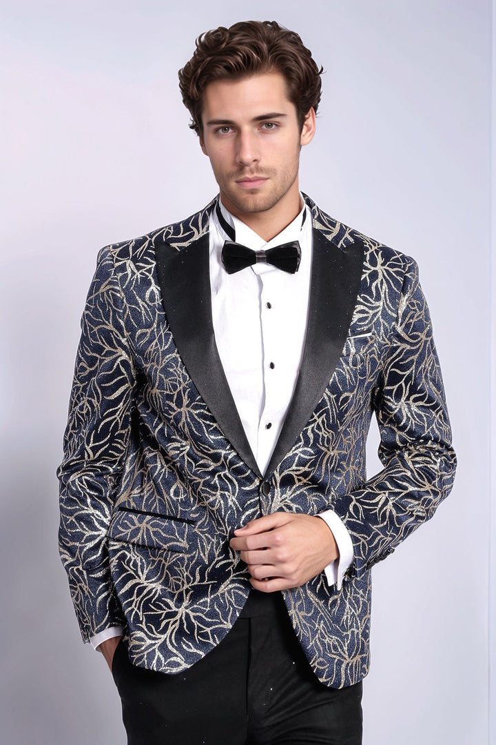 Sparkling Ivy Patterned Slim Fit Navy Blue Men Tuxedo Jacket - Wessi