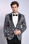 Sparkling Ivy Patterned Slim Fit Navy Blue Men Tuxedo Jacket - Wessi
