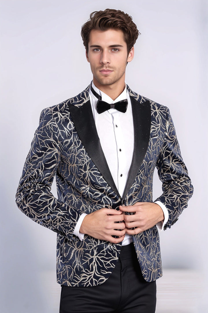 Sparkling Ivy Patterned Slim Fit Navy Blue Men Tuxedo Jacket - Wessi