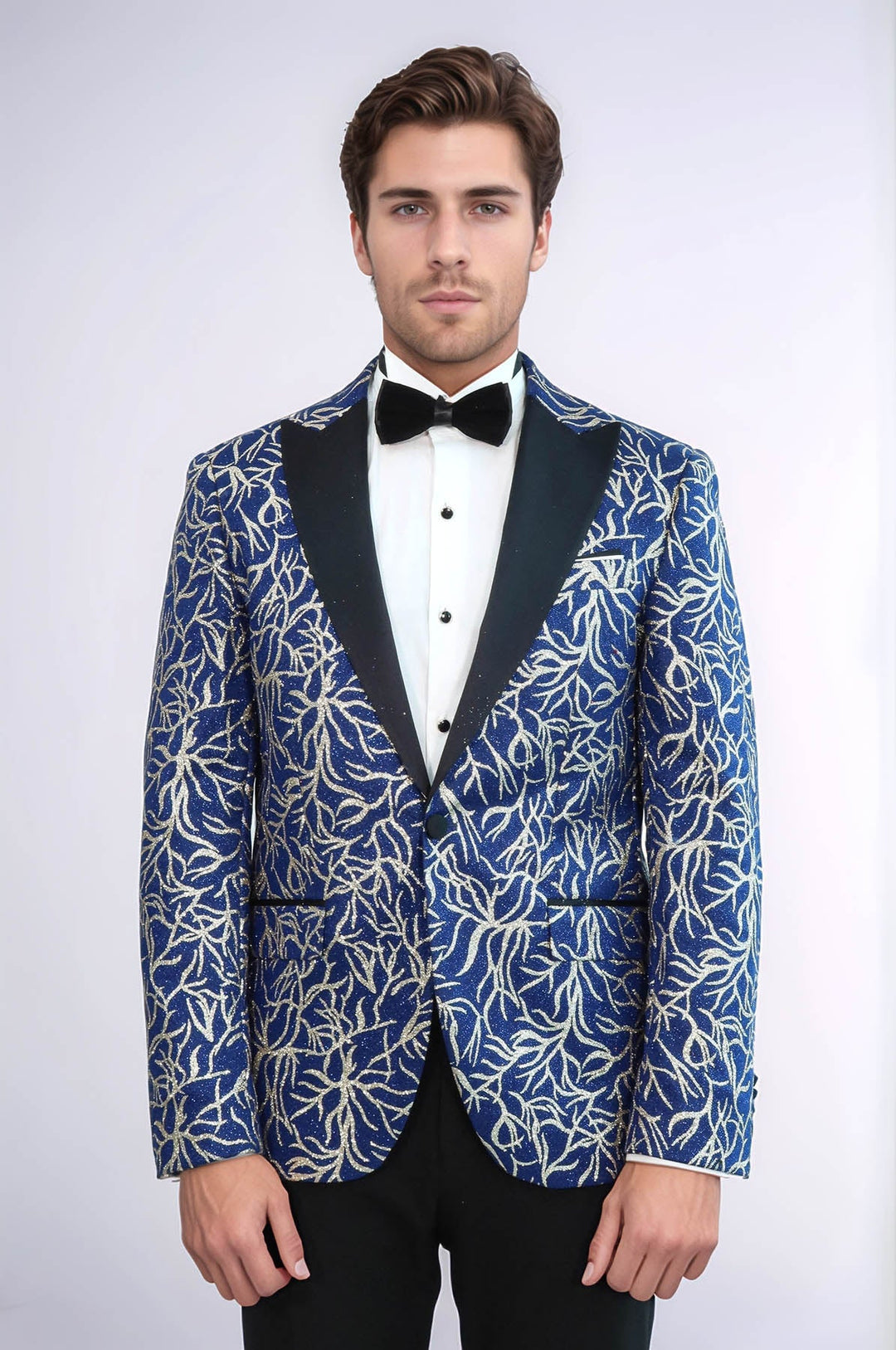 Sparkling Ivy Patterned Slim Fit Blue Men Evening Tuxedo Jacket - Wessi