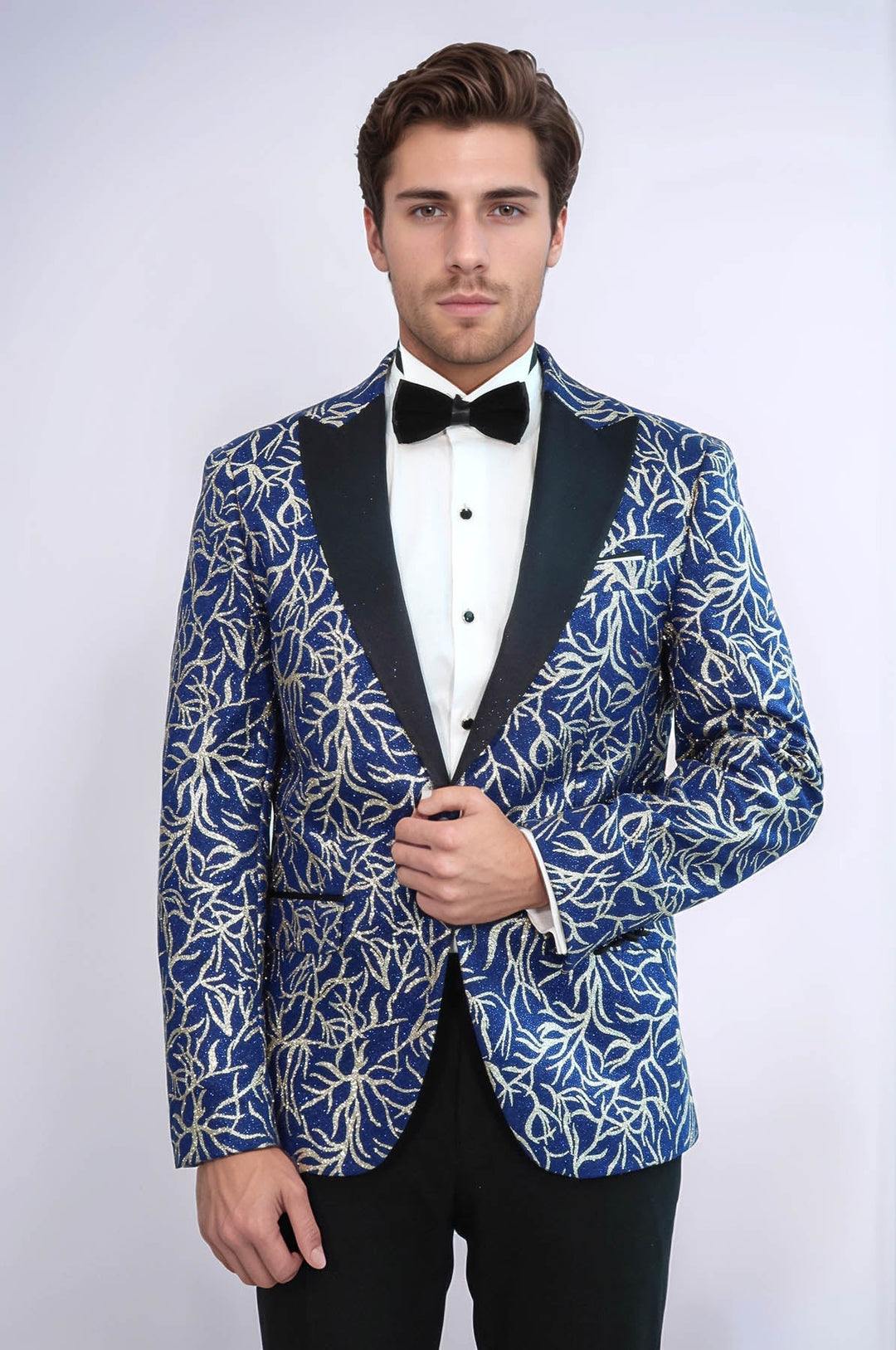 Sparkling Ivy Patterned Slim Fit Blue Men Evening Tuxedo Jacket - Wessi
