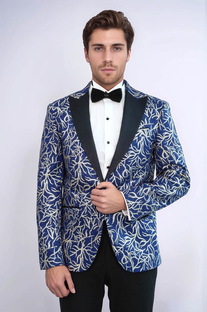 Sparkling Ivy Patterned Slim Fit Blue Men Evening Tuxedo Jacket - Wessi