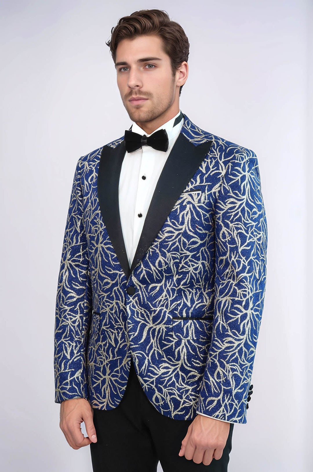 Sparkling Ivy Patterned Slim Fit Blue Men Evening Tuxedo Jacket - Wessi
