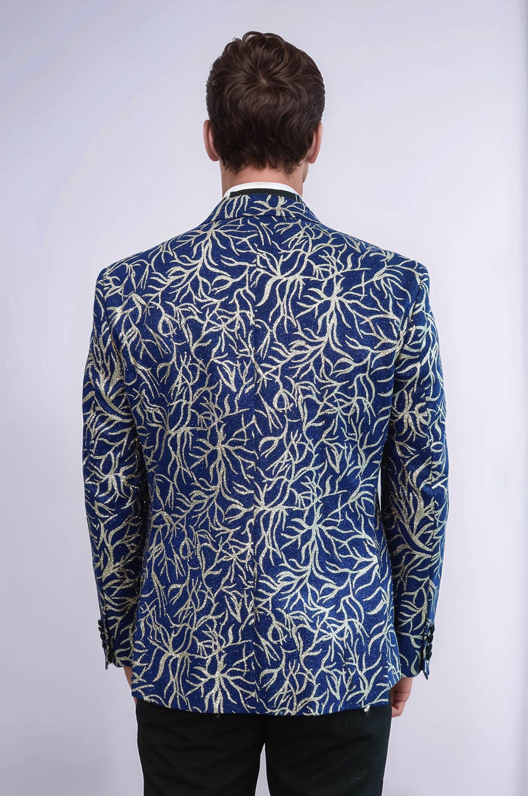 Sparkling Ivy Patterned Slim Fit Blue Men Evening Tuxedo Jacket - Wessi