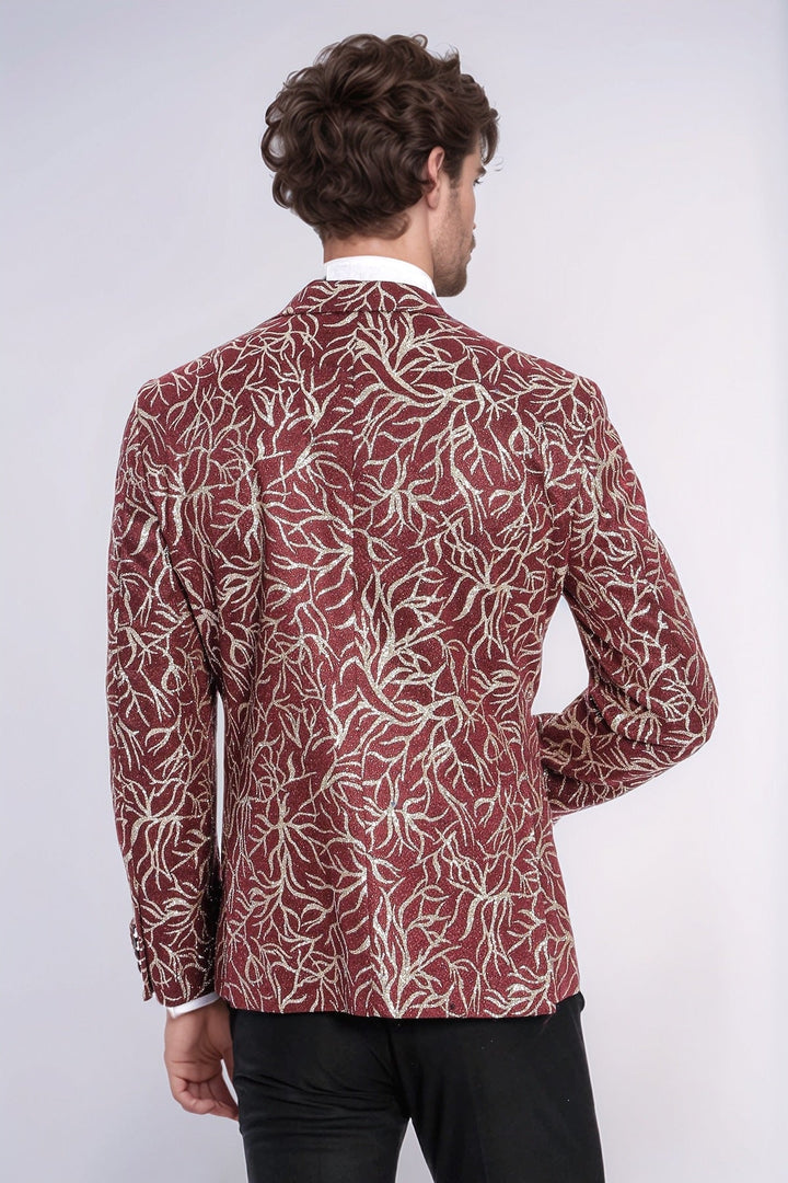 Sparkling Ivy Patterned Slim Fit Burgundy Men Evening Tuxedo Jacket - Wessi