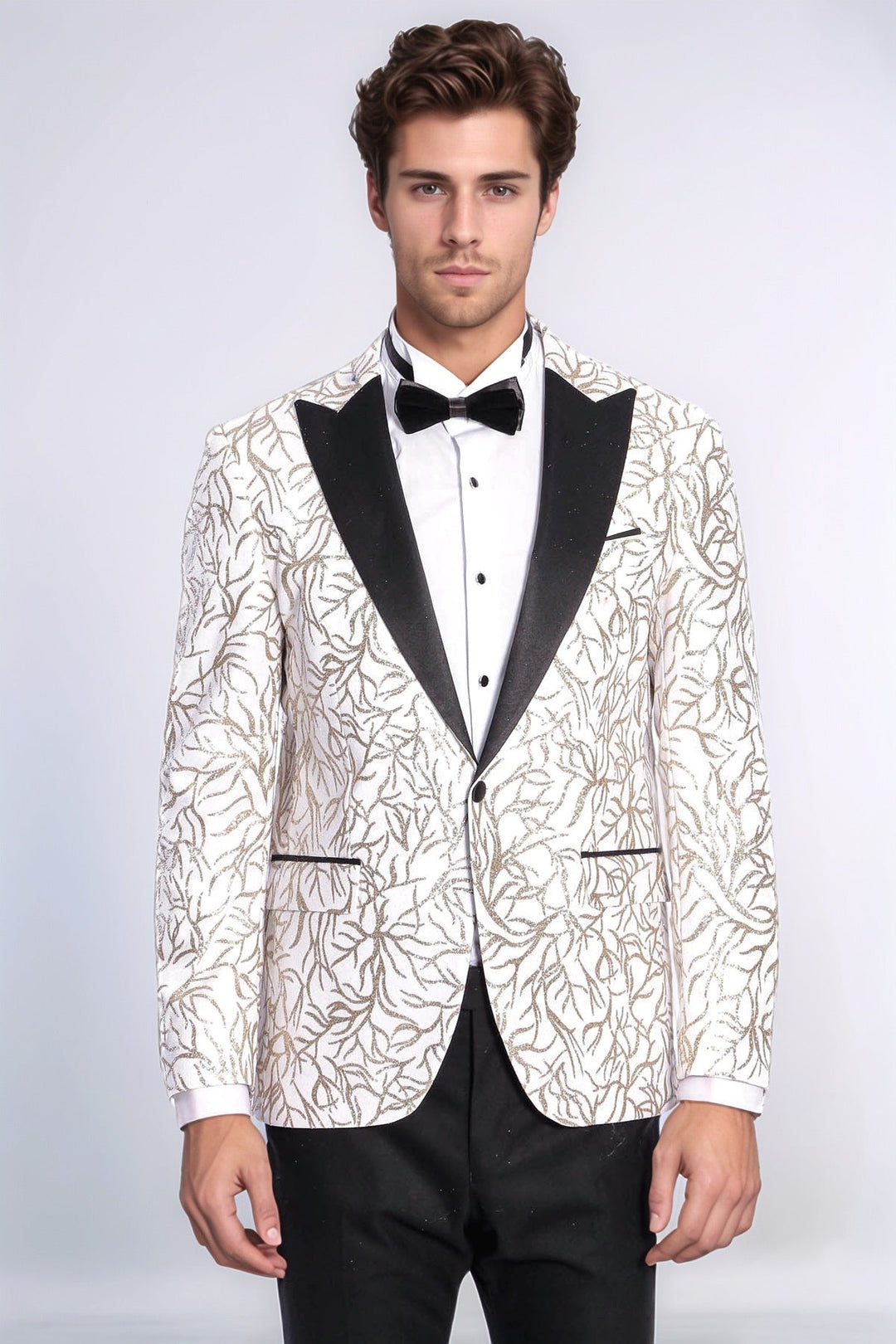 Sparkling Ivy Patterned Slim Fit White Men Wedding Groom Blazer - Wessi