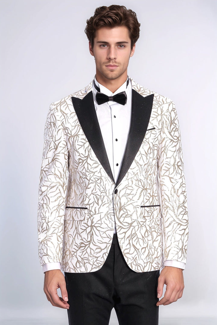 Sparkling Ivy Patterned Slim Fit White Men Wedding Groom Blazer - Wessi