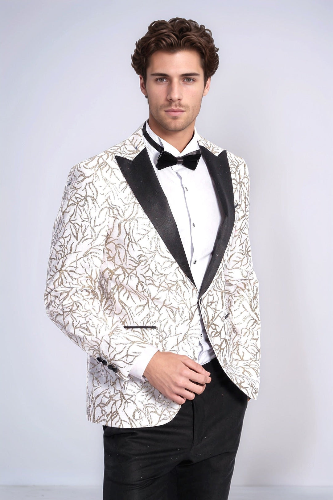 Sparkling Ivy Patterned Slim Fit White Men Wedding Groom Blazer - Wessi