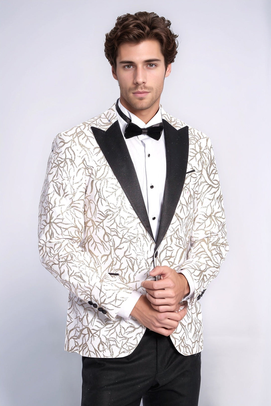 Sparkling Ivy Patterned Slim Fit White Men Wedding Groom Blazer - Wessi