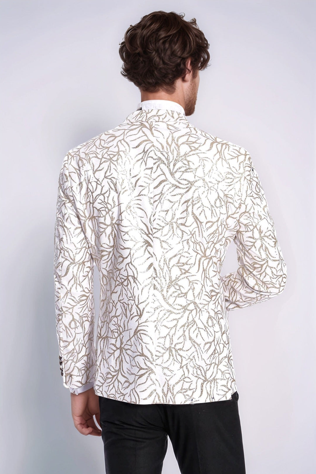 Sparkling Ivy Patterned Slim Fit White Men Wedding Groom Blazer - Wessi