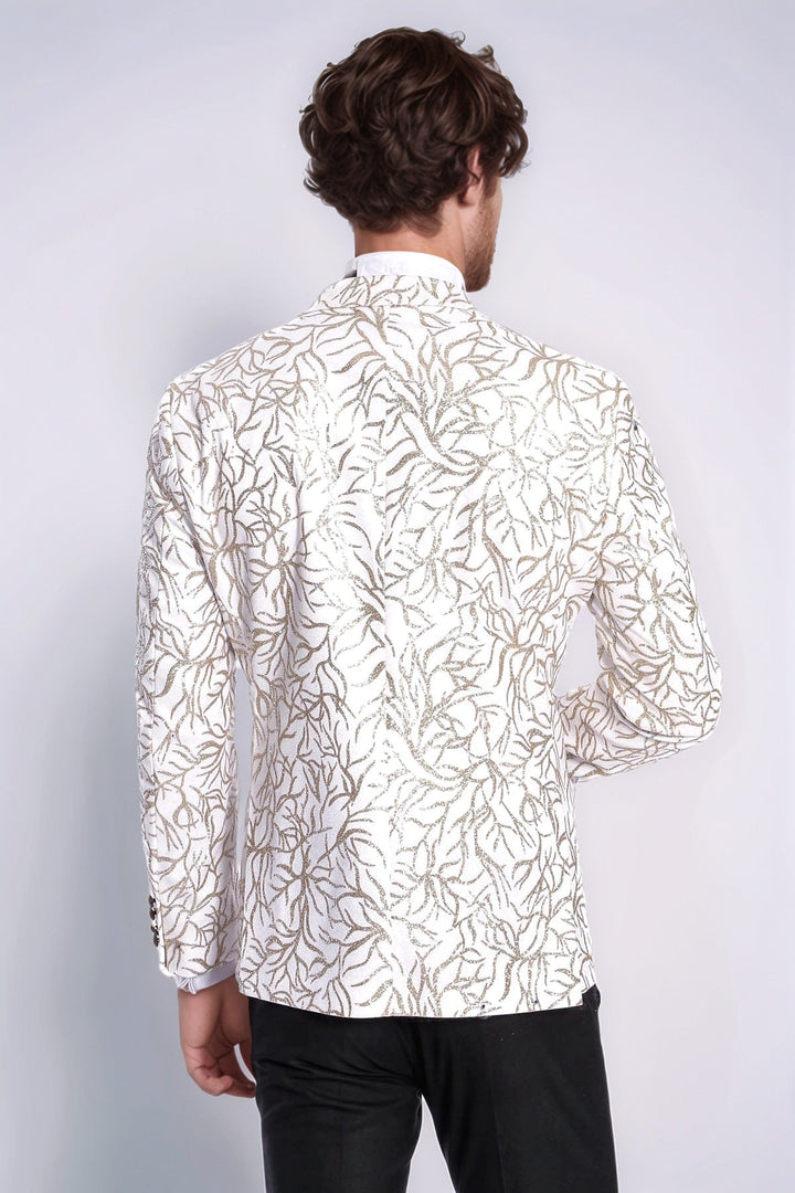Sparkling Ivy Patterned Slim Fit White Men Wedding Groom Blazer - Wessi
