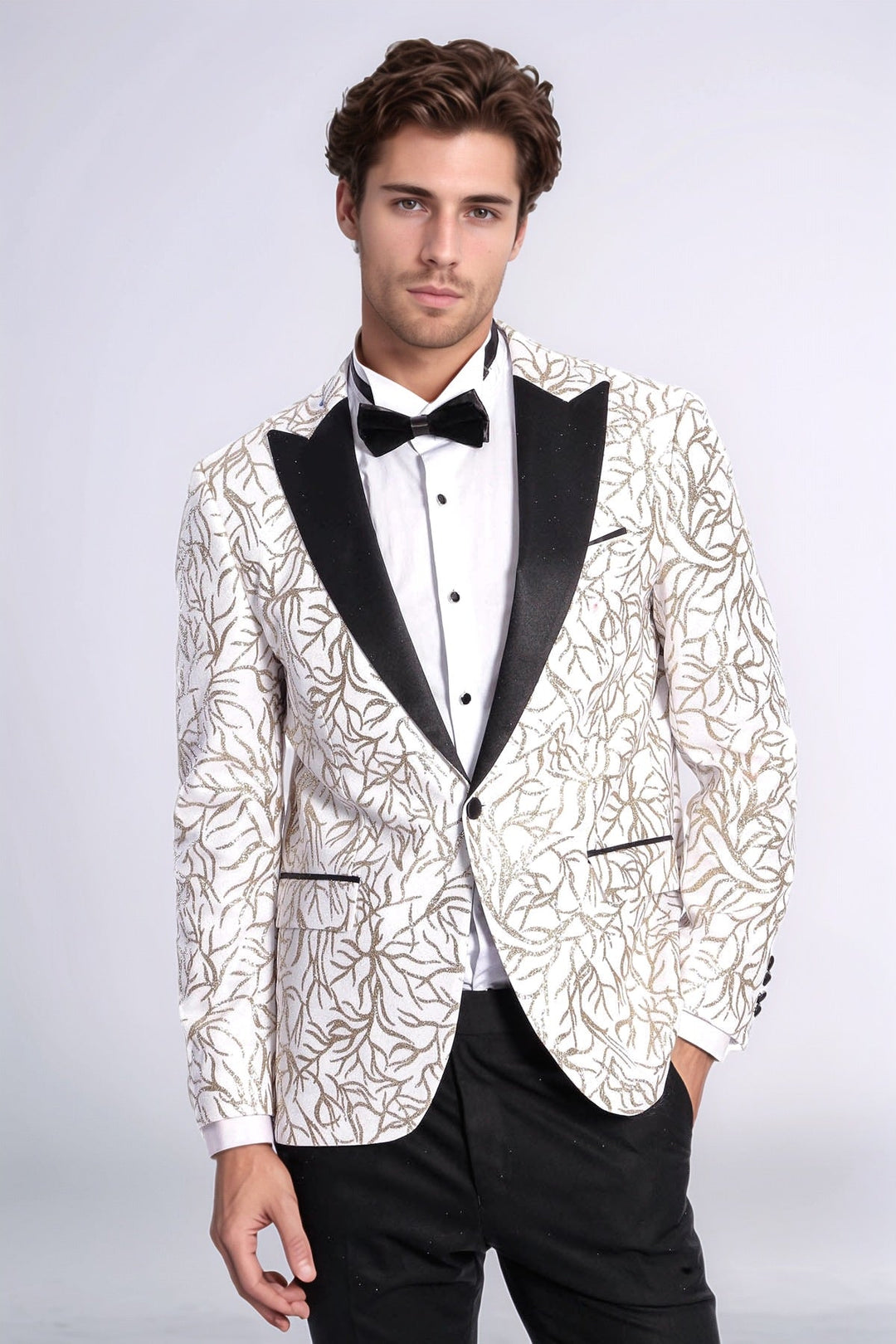 Sparkling Ivy Patterned Slim Fit White Men Wedding Groom Blazer - Wessi