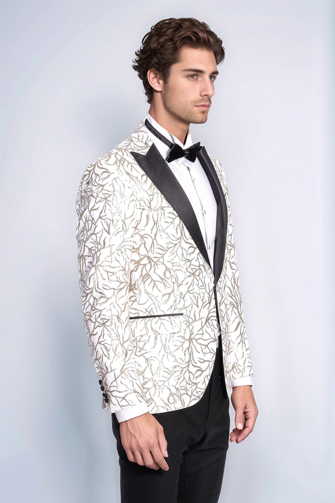 Sparkling Ivy Patterned Slim Fit White Men Wedding Groom Blazer - Wessi