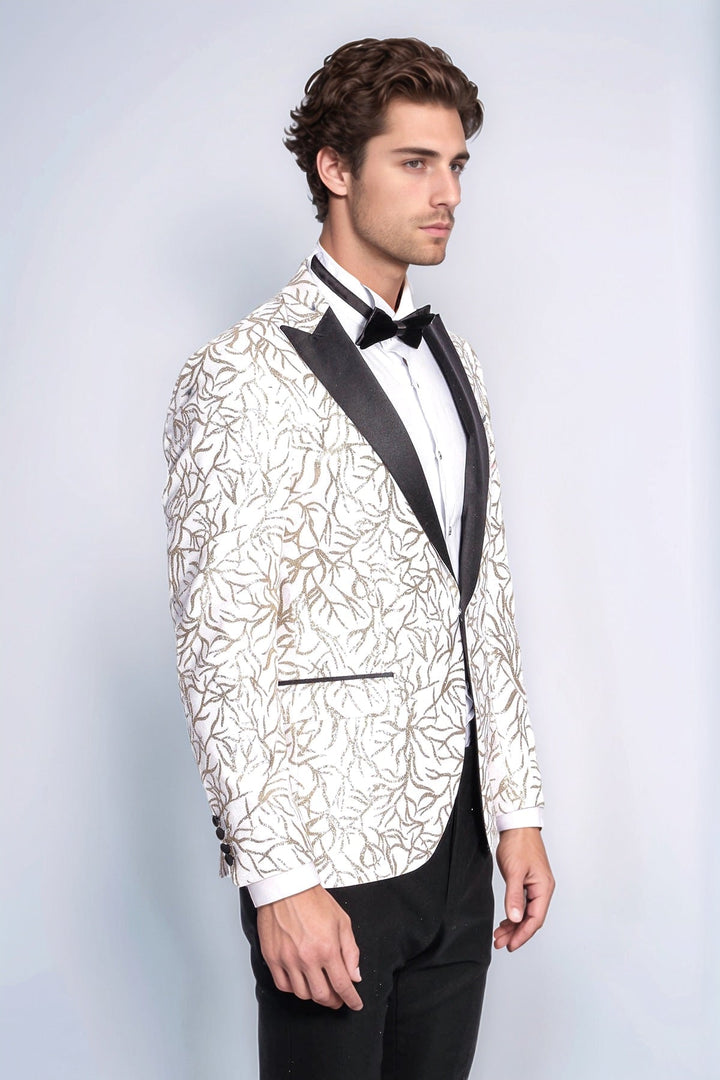 Sparkling Ivy Patterned Slim Fit White Men Wedding Groom Blazer - Wessi