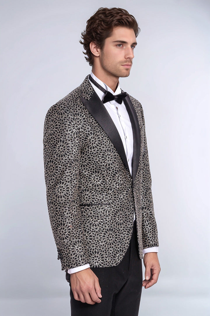 Flower Embroidered Pattern Black Men Party Blazer - Wessi