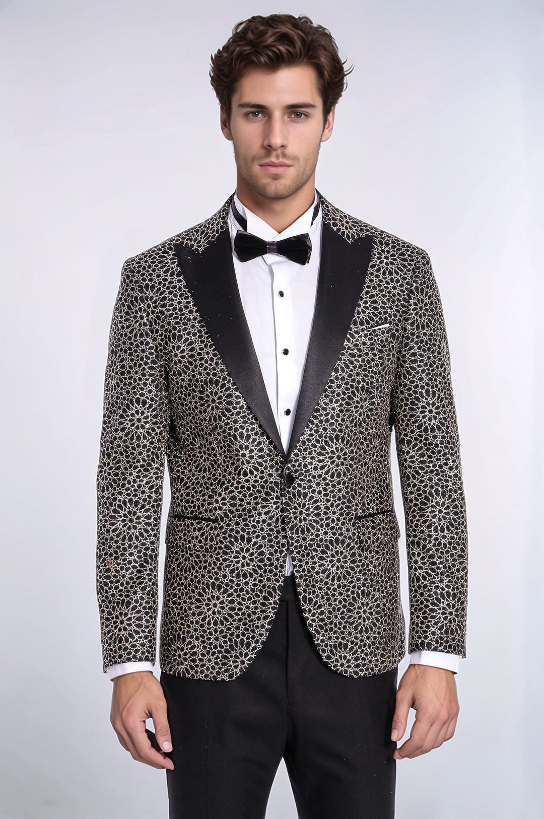 Flower Embroidered Pattern Black Men Party Blazer - Wessi