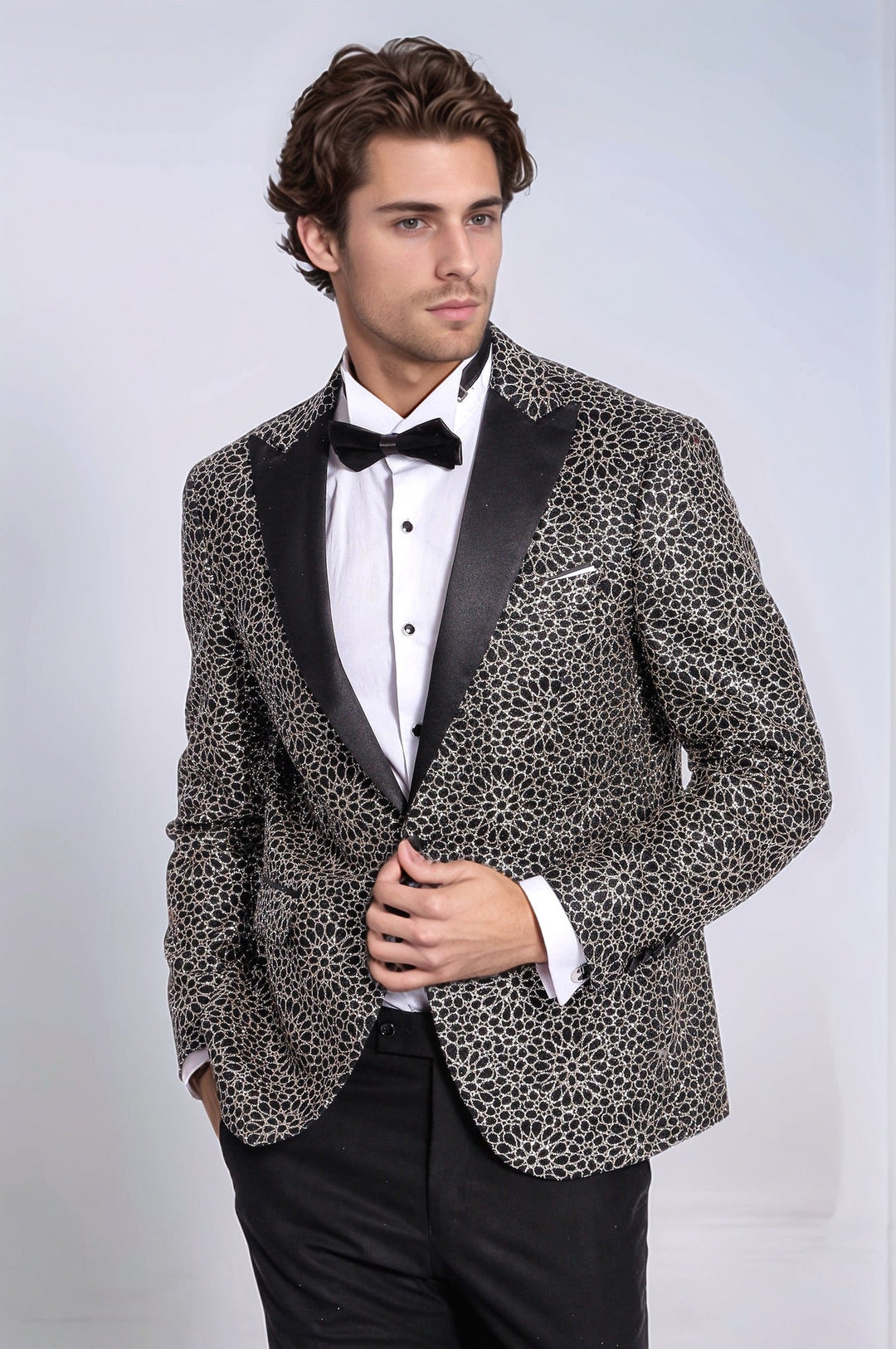 Flower Embroidered Pattern Black Men Party Blazer - Wessi