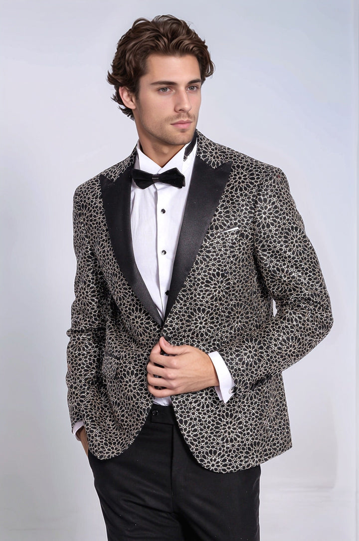 Flower Embroidered Pattern Black Men Party Blazer - Wessi