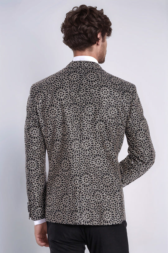 Flower Embroidered Pattern Black Men Party Blazer - Wessi