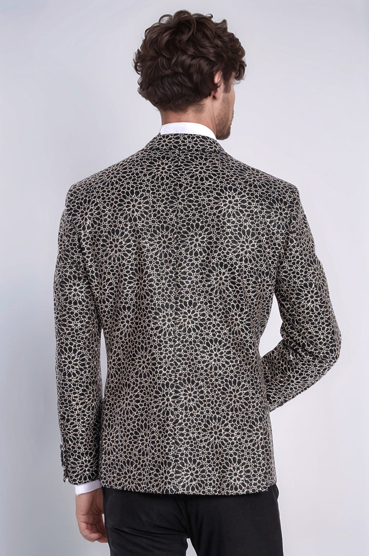 Flower Embroidered Pattern Black Men Party Blazer - Wessi