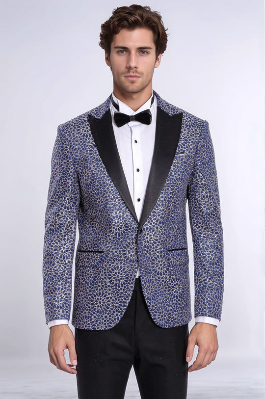 Flower Embroidered Pattern Navy Blue Men Party Blazer - Wessi