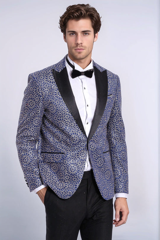 Flower Embroidered Pattern Navy Blue Men Party Blazer - Wessi