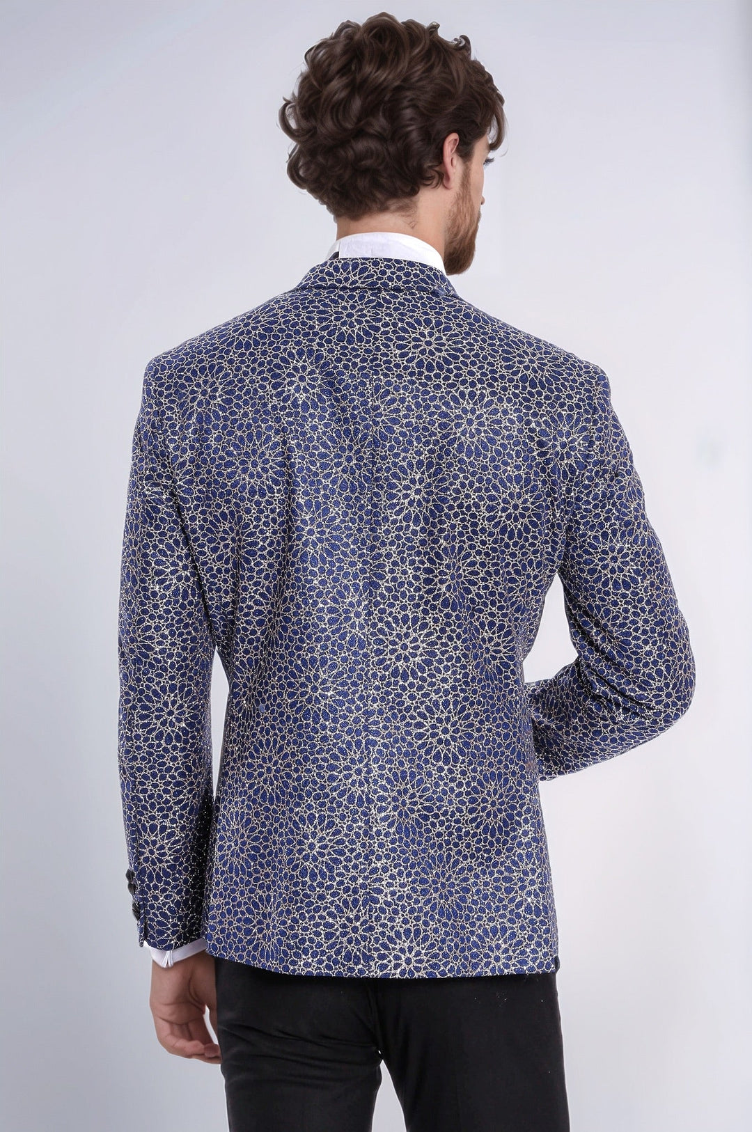 Flower Embroidered Pattern Navy Blue Men Party Blazer - Wessi