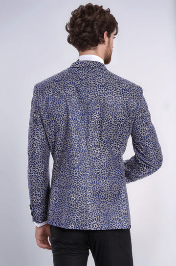 Flower Embroidered Pattern Navy Blue Men Party Blazer - Wessi