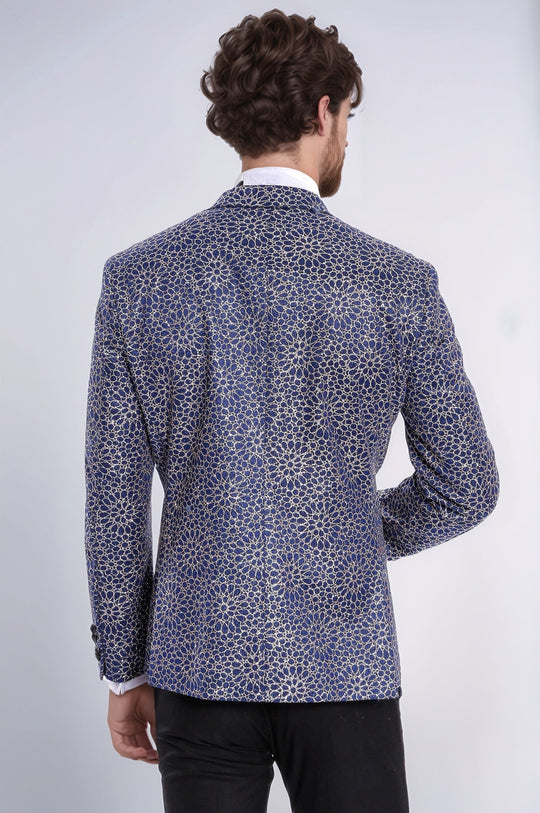 Flower Embroidered Pattern Navy Blue Men Party Blazer - Wessi