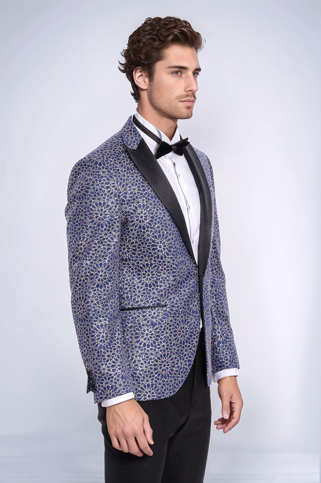Flower Embroidered Pattern Navy Blue Men Party Blazer - Wessi