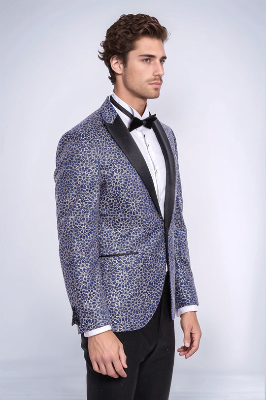 Flower Embroidered Pattern Navy Blue Men Party Blazer - Wessi