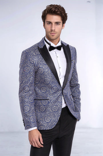 Flower Embroidered Pattern Navy Blue Men Party Blazer - Wessi