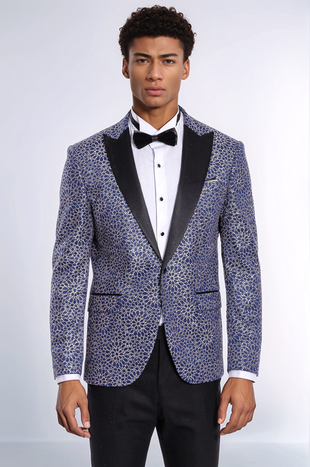 Flower Embroidered Pattern Navy Blue Men Party Blazer - Wessi