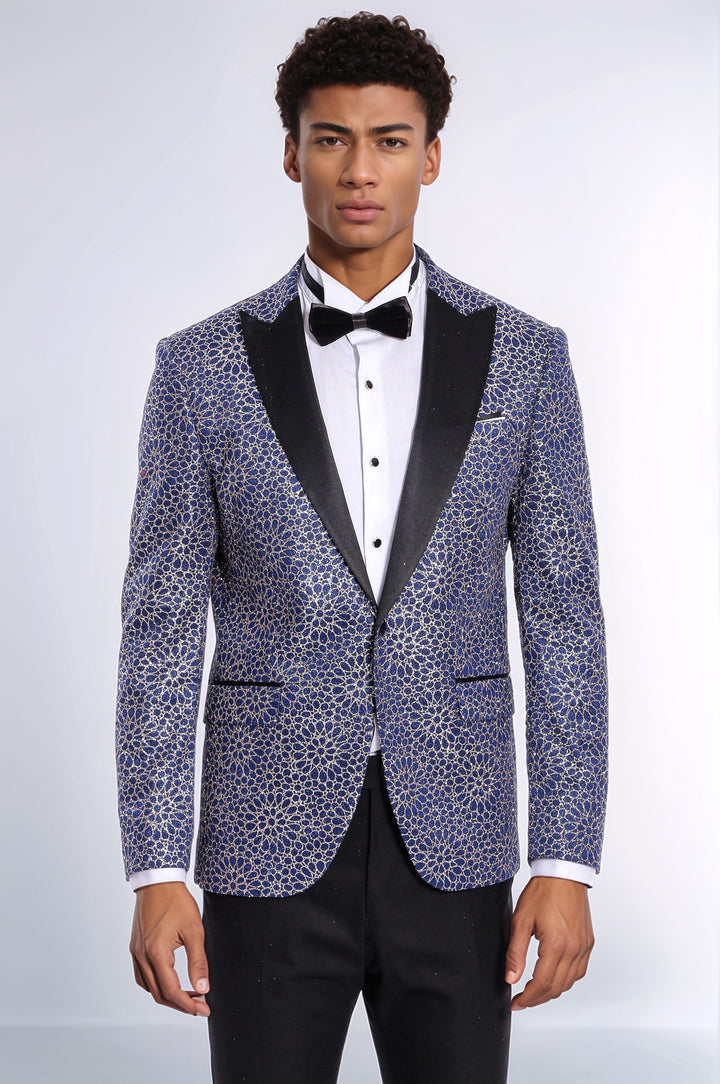 Flower Embroidered Pattern Navy Blue Men Party Blazer - Wessi