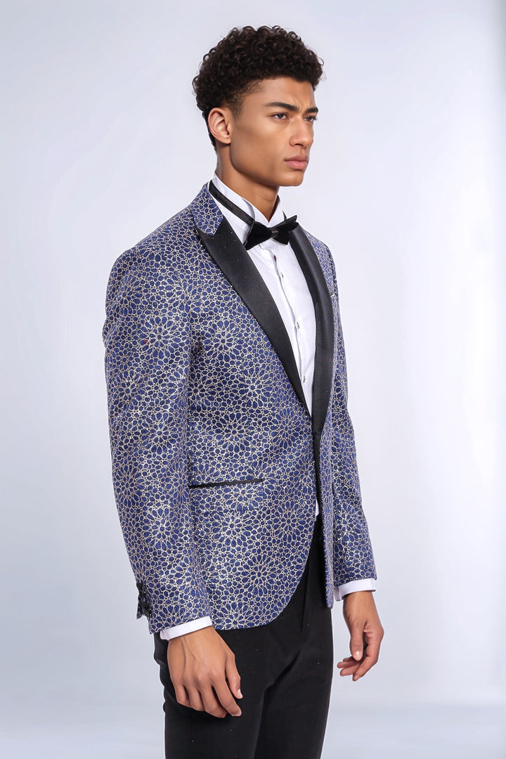 Flower Embroidered Pattern Navy Blue Men Party Blazer - Wessi