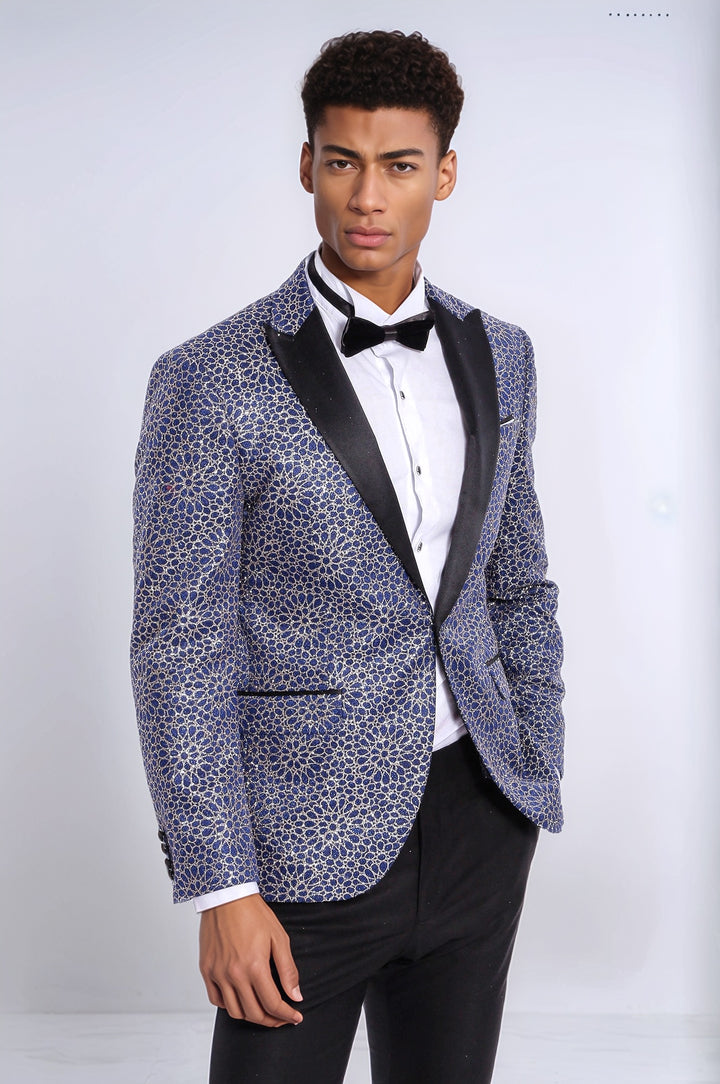 Flower Embroidered Pattern Navy Blue Men Party Blazer - Wessi